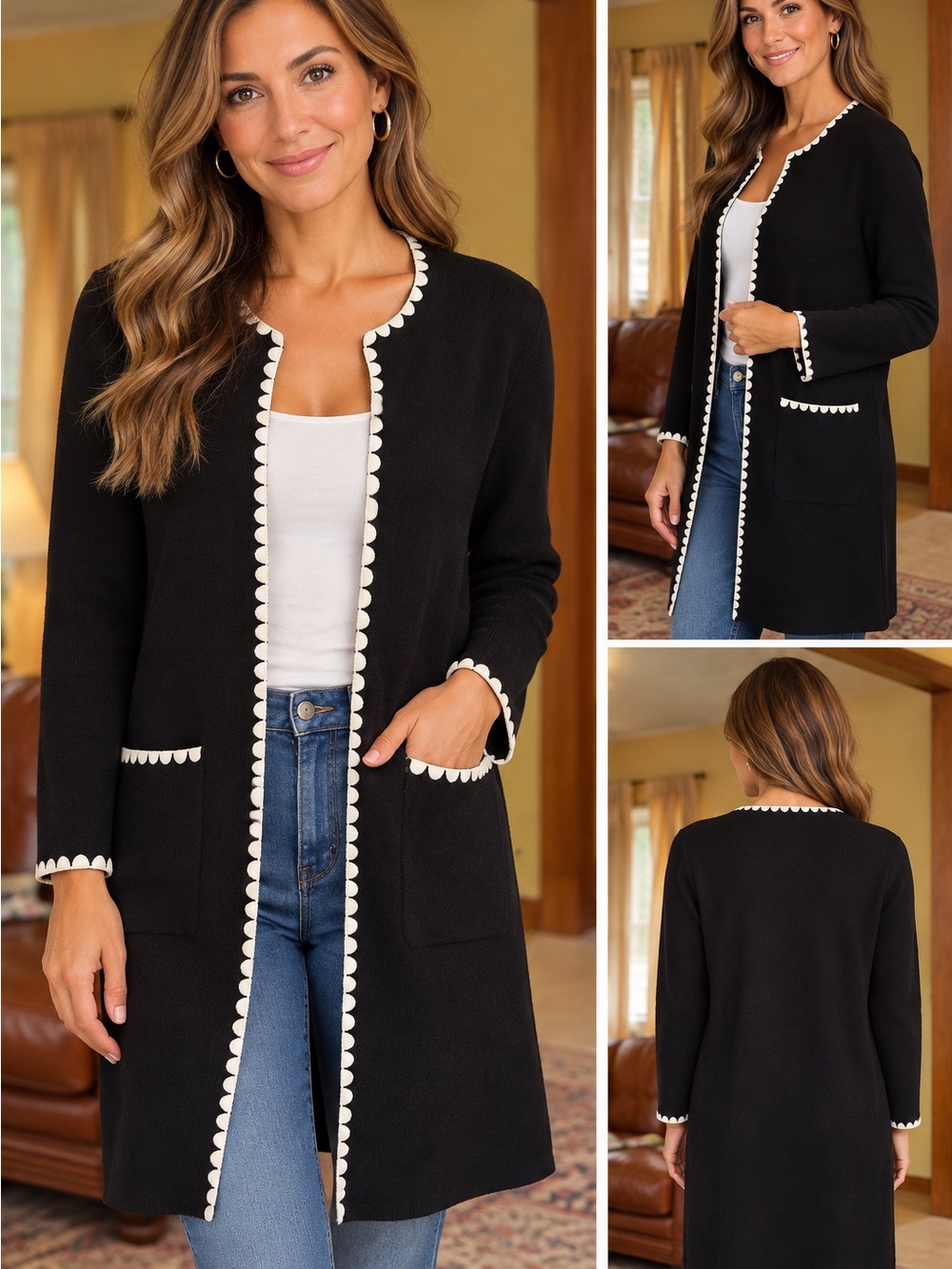 Sioni Black Open-Front Cardigan with White Scallop Trim